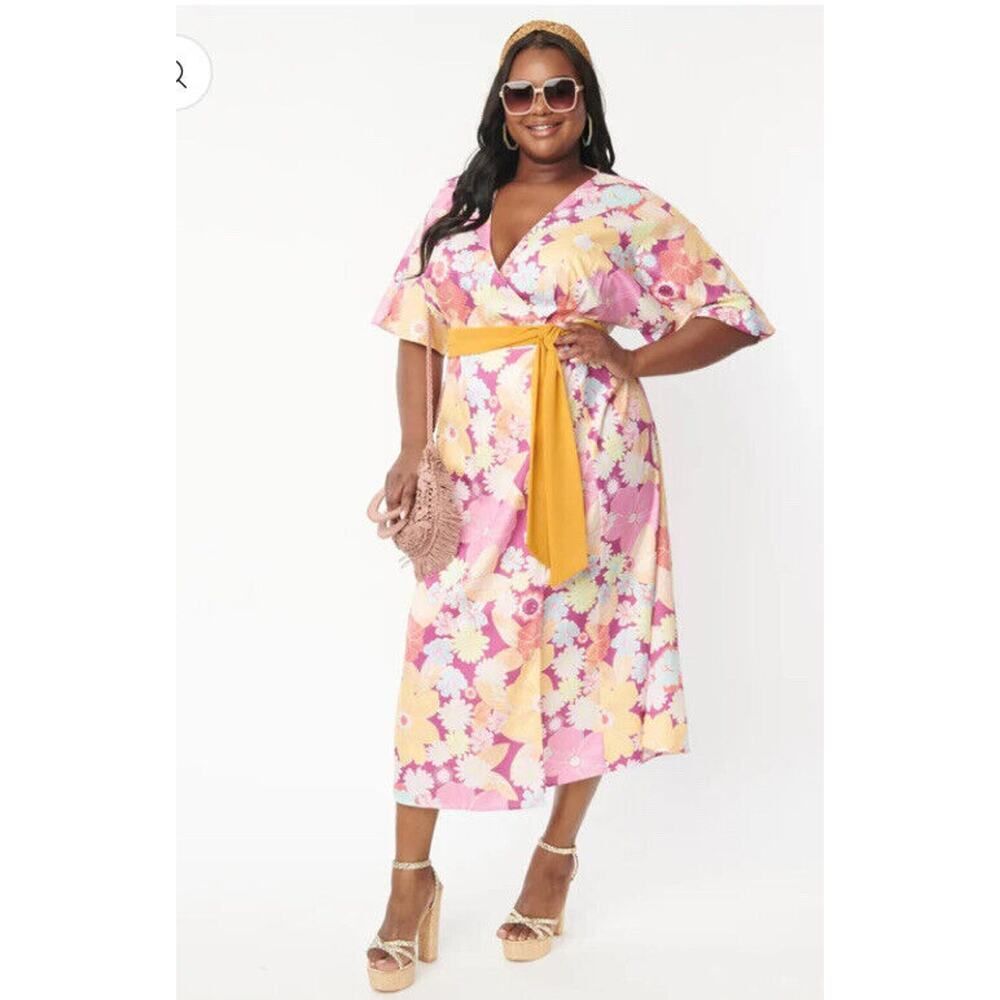 Unique Vintage Smiley Floral Wrap MIDI Maxi Dress Womens M 6-8